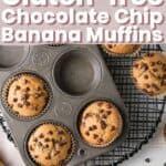 Muffins in an old muffin tin next to bananas and chocolate chips.