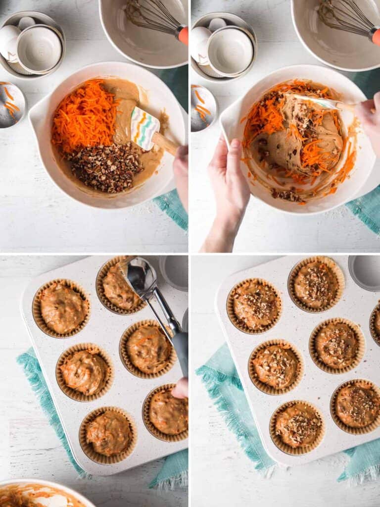 A collage showing the carrots and pecans being stirred into the batter, then the batter scooped into muffin tins.