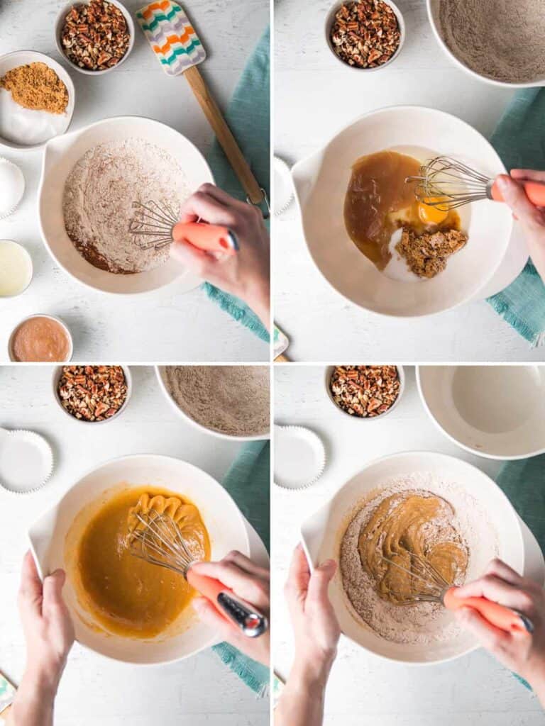 A collage showing the whisking of dry ingredients, whisking of wet ingredients, then combining the two mixtures.