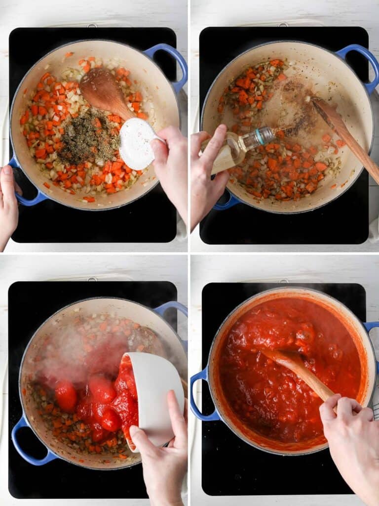 A collage showing the first steps to making tomato soup, including sautéing the vegetables and adding the tomatoes to the pot.  The soup is bubbling up.