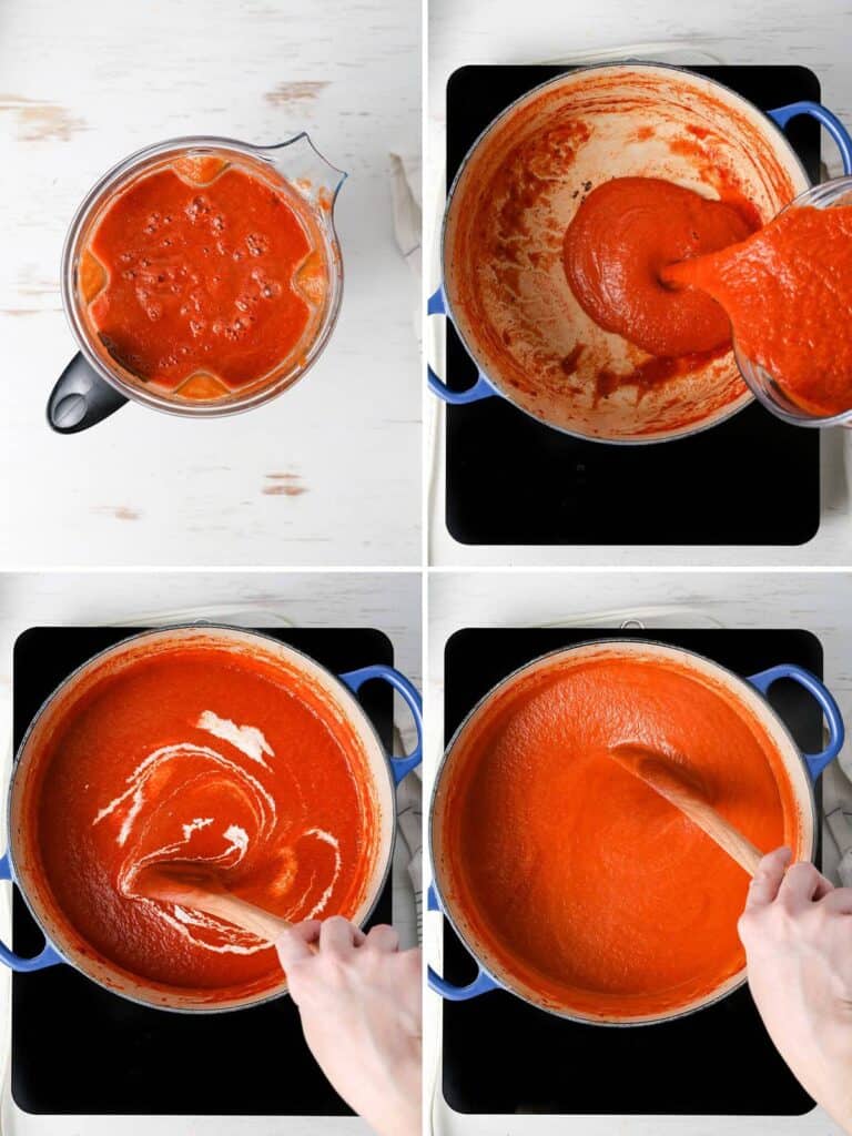 Un collage que muestra las últimas etapas de la fabricación de la sopa, que muestra la sopa de puré en el frasco de la batidora y un torbellino de crema en la sopa de tomate en la olla.