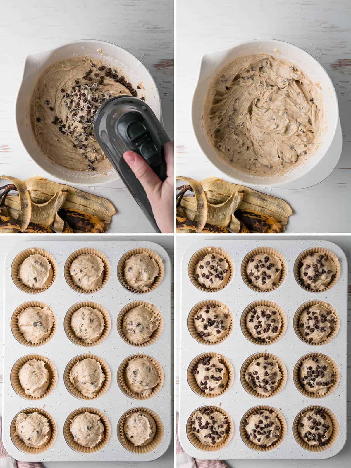 Stirring in chocolate chips and scooping into muffin tins.
