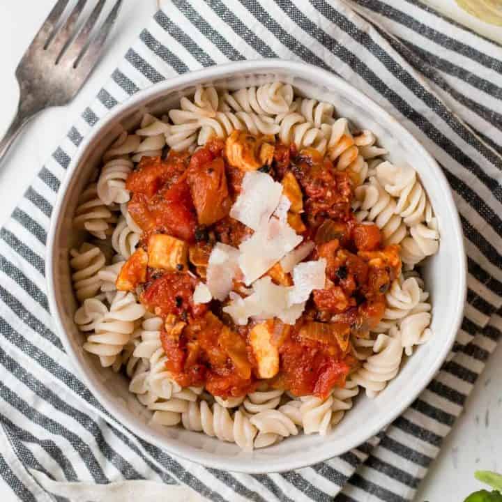 Chicken Arrabbiata over fusilli pasta.