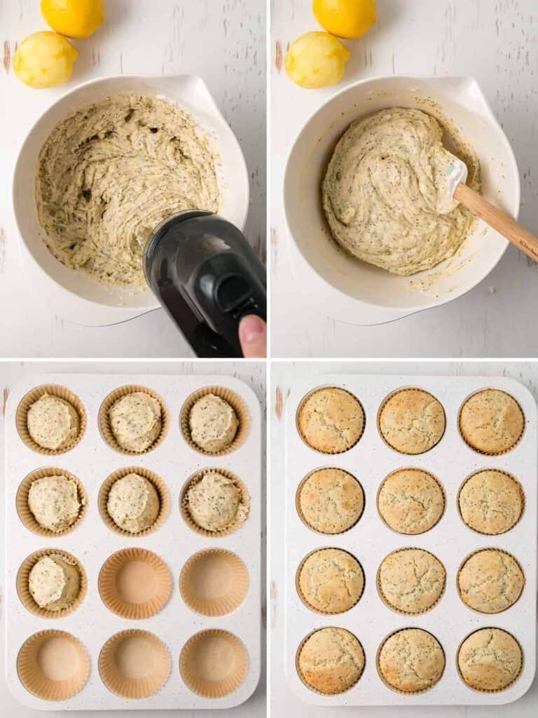 The muffin batter mixed with hand mixer, then scooped into lined muffin tins.  Baked until golden brown.