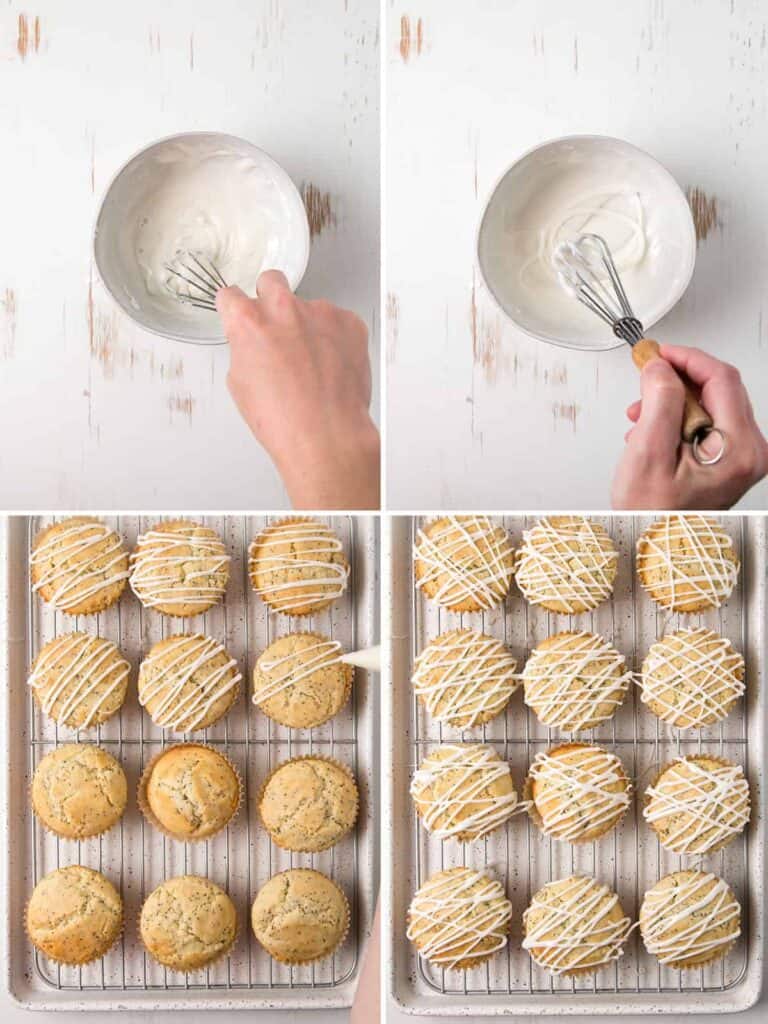 Mixing the icing and drizzling it into a bowl, muffins are being iced with lemon icing in a criss-cross pattern.