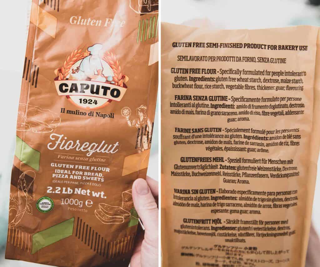 Bag of Caputo Fioreglut flour showing ingredients and Italy gluten-free symbol.