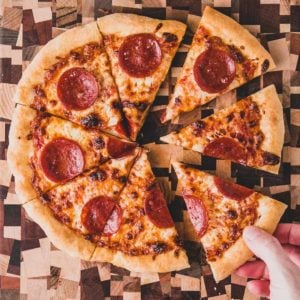 Gluten-free pepperoni pizza made with Caputo Fioreglut flour.