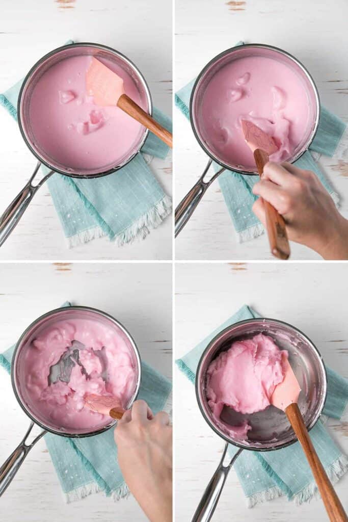 Playdough cooking in a pan, coming together to form a ball.