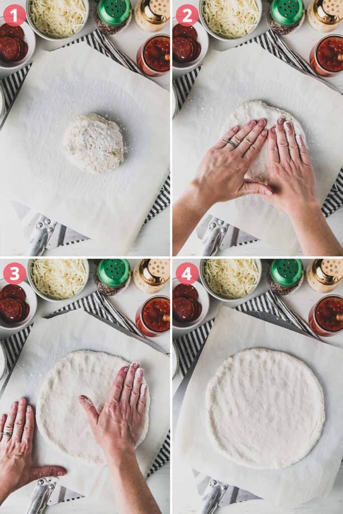 A ball of dough with rice flour on top, patting out into a circle.