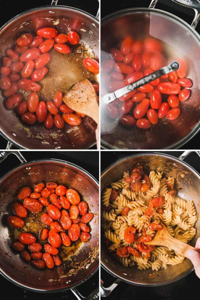 Images showing the tomatoes simmering in a pot, burst open, and then tossed with pasta.