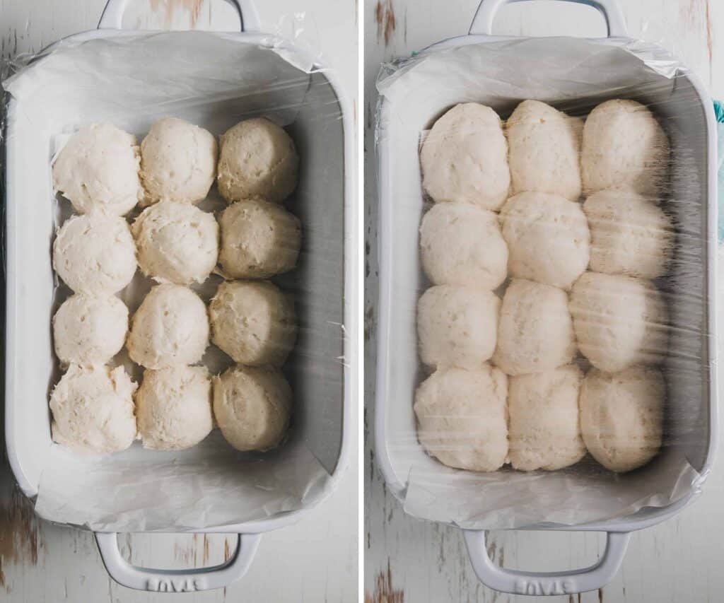On the left, the unrisen rolls in a pan, just barely touching.  The risen rolls on the right are double in size and touching on all sides.