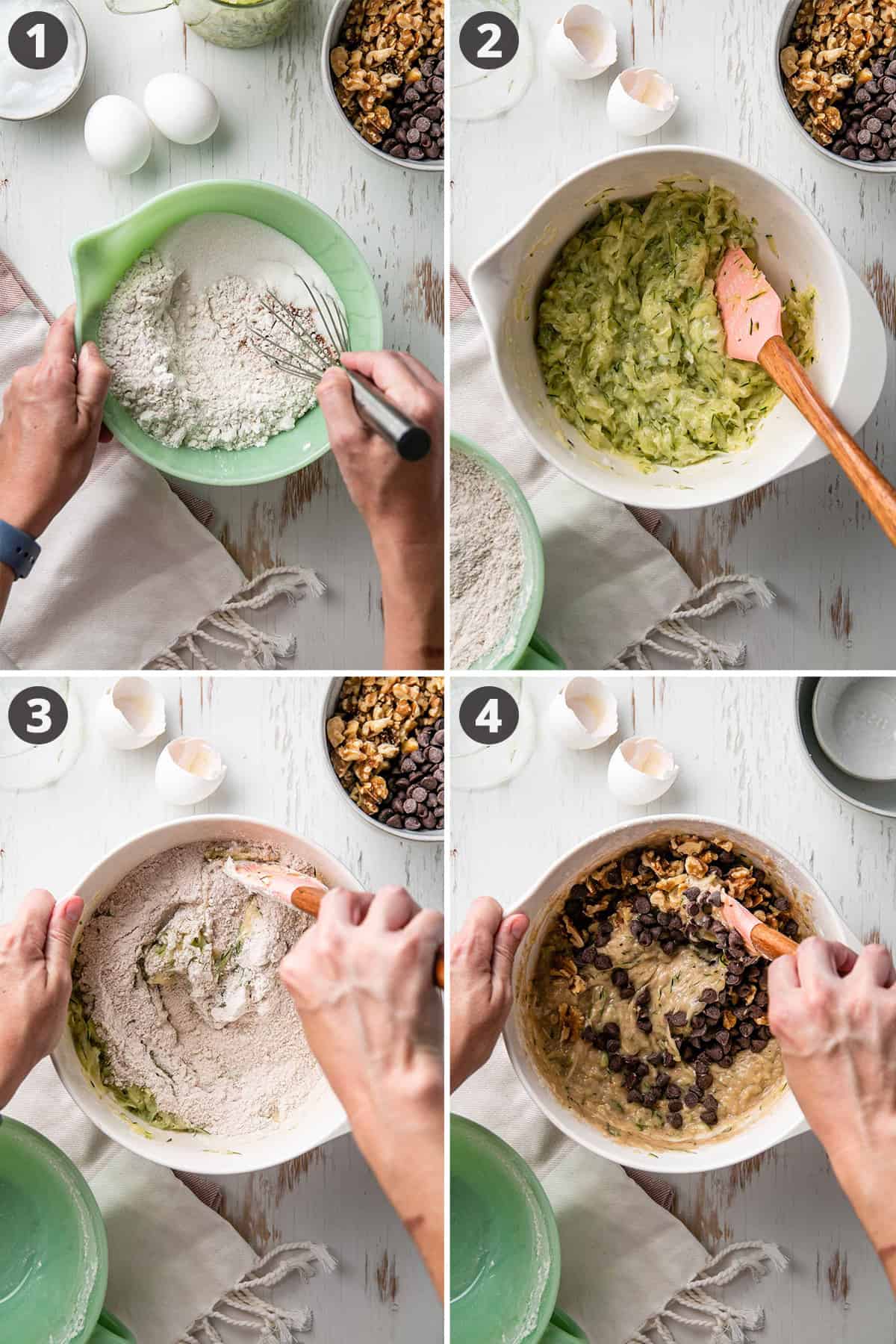 Whisking gluten free flour with sugar, shredded zucchini in bowl, blending mixture together, stirring in chocolate chips.