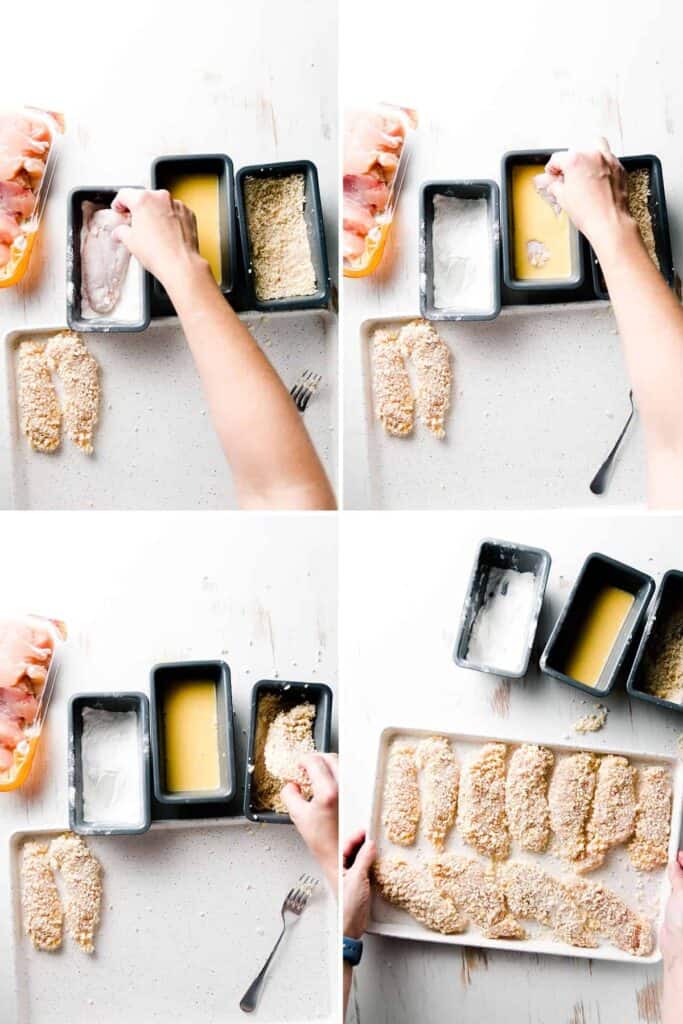 A collage showing the chicken tender dipped in rice flour, then egg, then breadcrumbs and the finished tenders on a sheet tray.