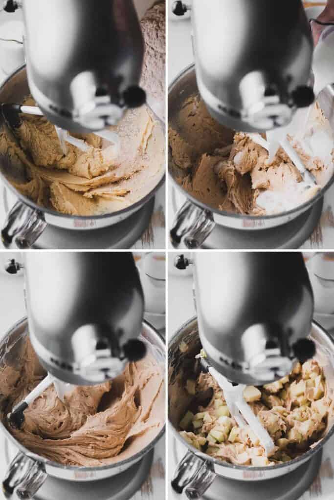 A collage showing the steps of mixing wet ingredients, alternately adding buttermilk, then dry ingredients, and stirring in the diced apples.