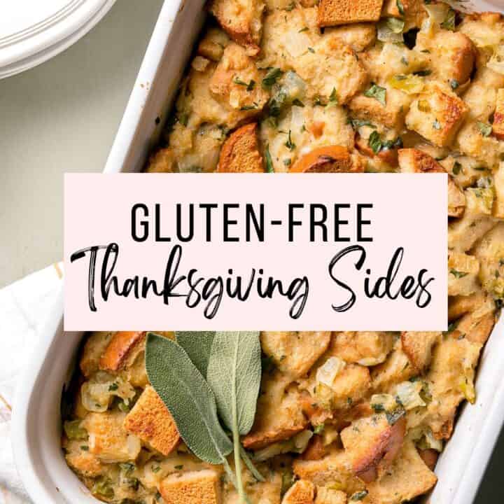 Gluten-free Thanksgiving stuffing garnished with sage.