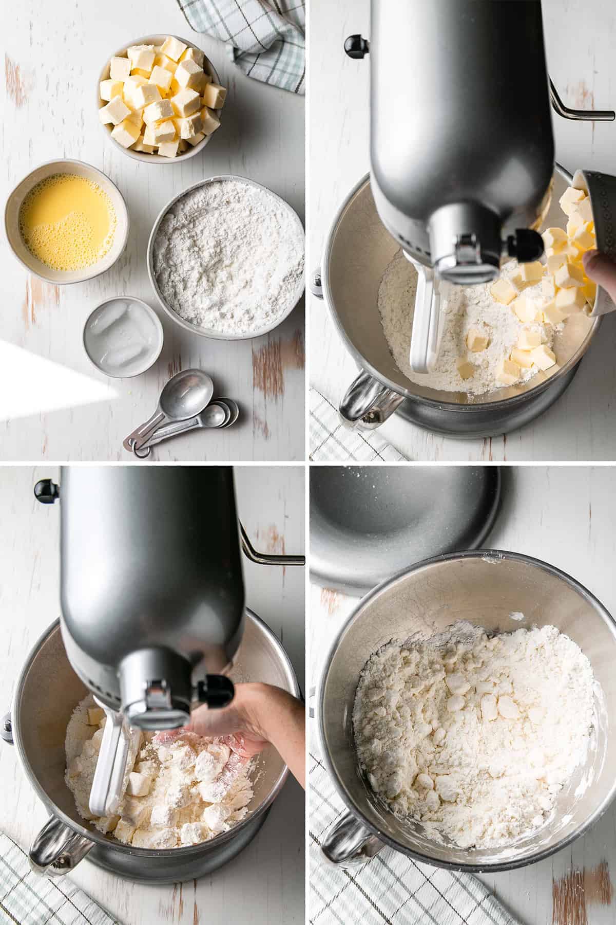 Image collage: 1. Whisked egg yolks with water. Cubed butter in a bowl. Whisked dry ingredients and ice water in bowls. 2. Butter falling into bowl of stand mixer. 3. Tossing butter with flour. 4. Blended butter/flour mixture showing large chunks.