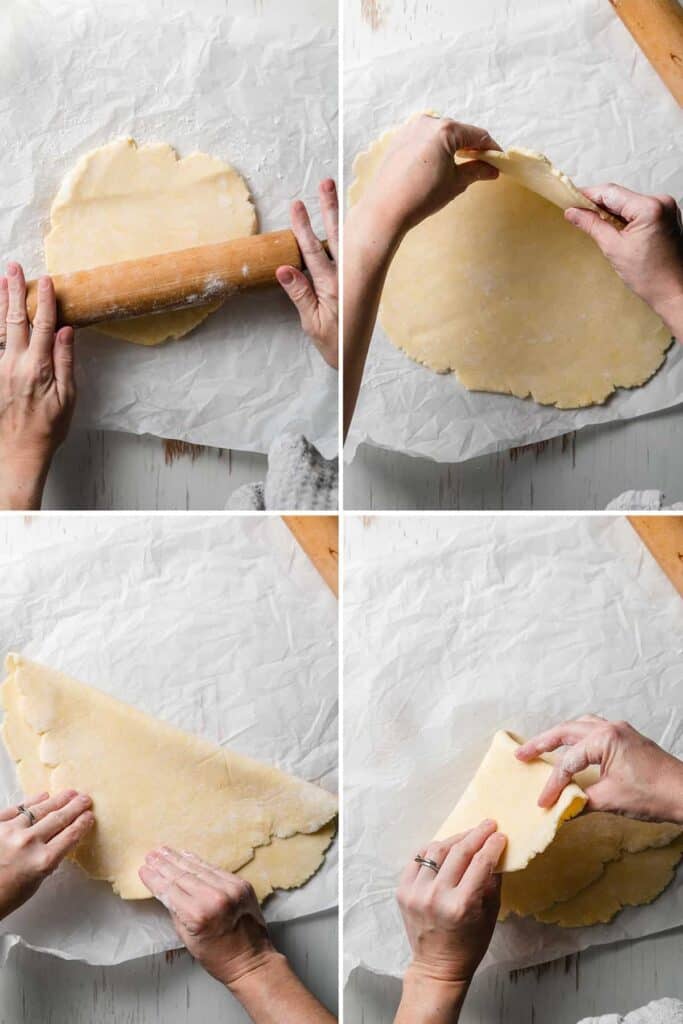 Image collage: rolling out the dough, folding it into quarters.