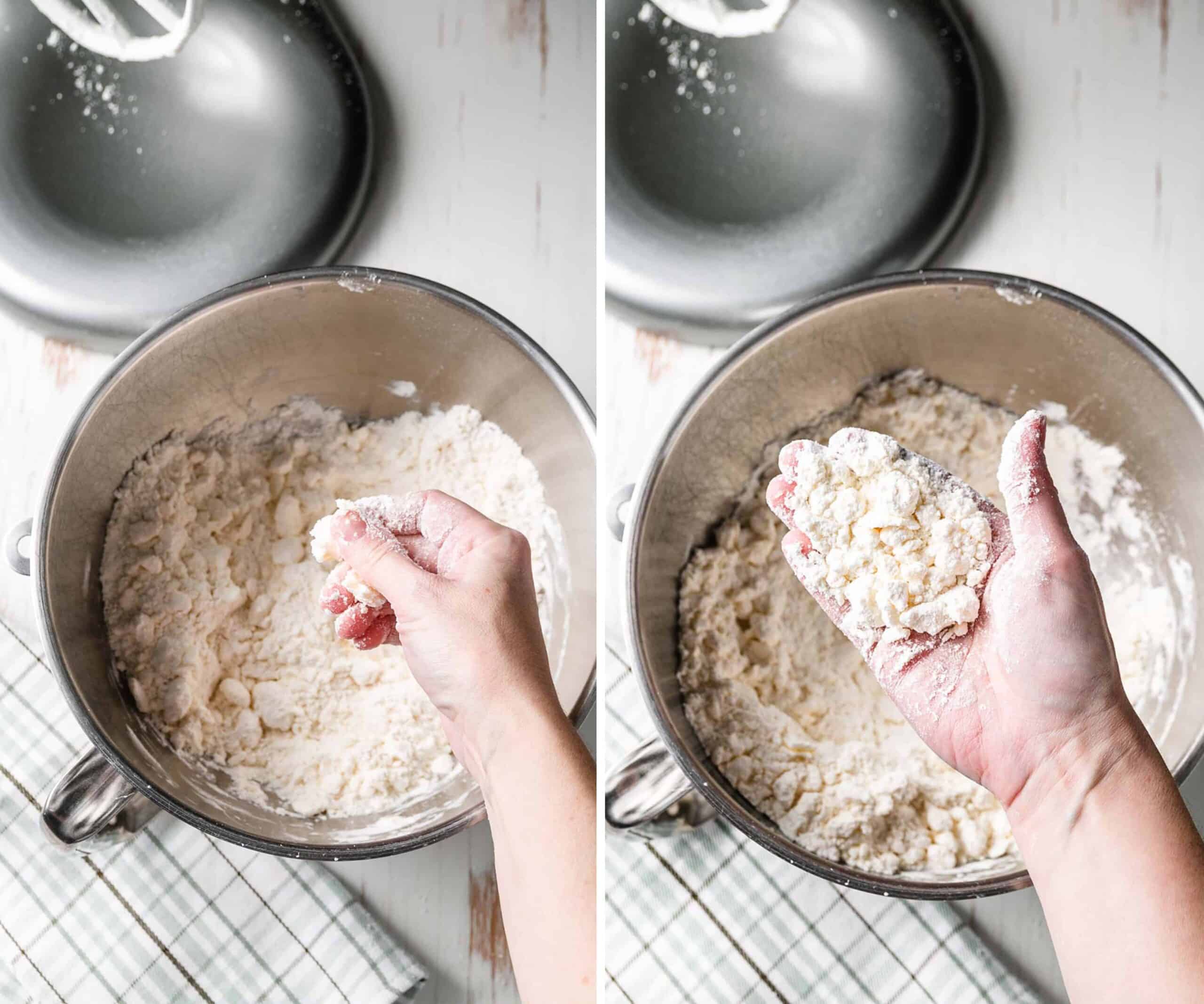 Image collage: 1. A hand pinching butter between fingers. 2. Hand holding a scoop of the mixture to display chunky butter texture.
