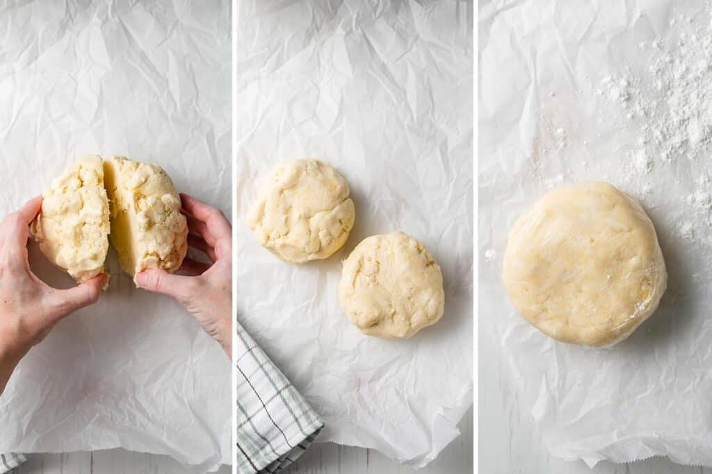 Image collage: separating the dough in two balls, a dough ball wrapped in plastic wrap.