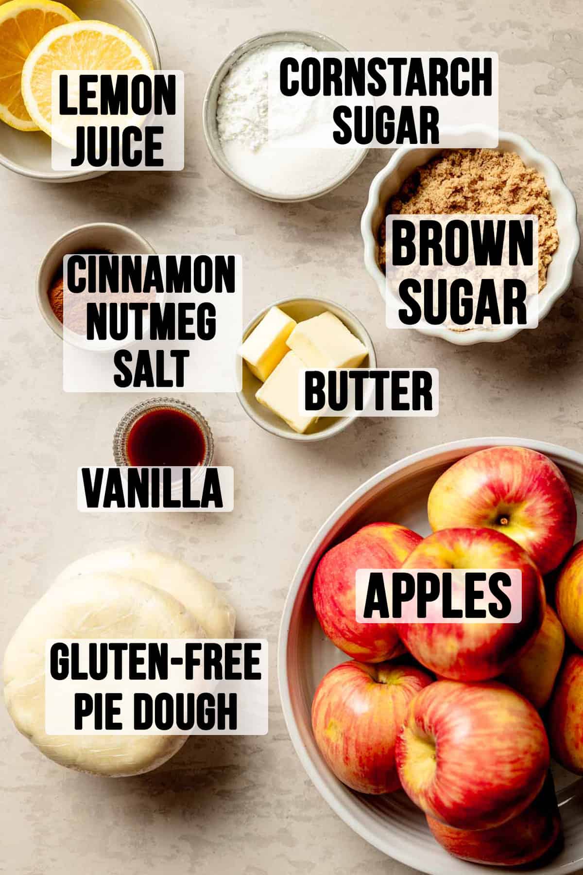Ingredients for gluten free apple pie measured out in bowls.