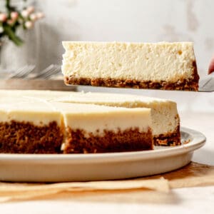 A slice of gluten-free cheesecake lifted from the plate on serving spatula.
