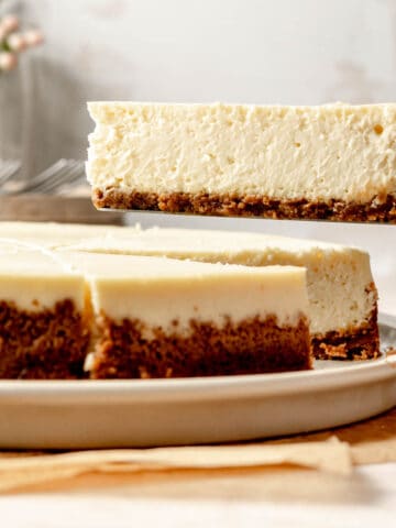 A slice of gluten-free cheesecake lifted from the plate on serving spatula.