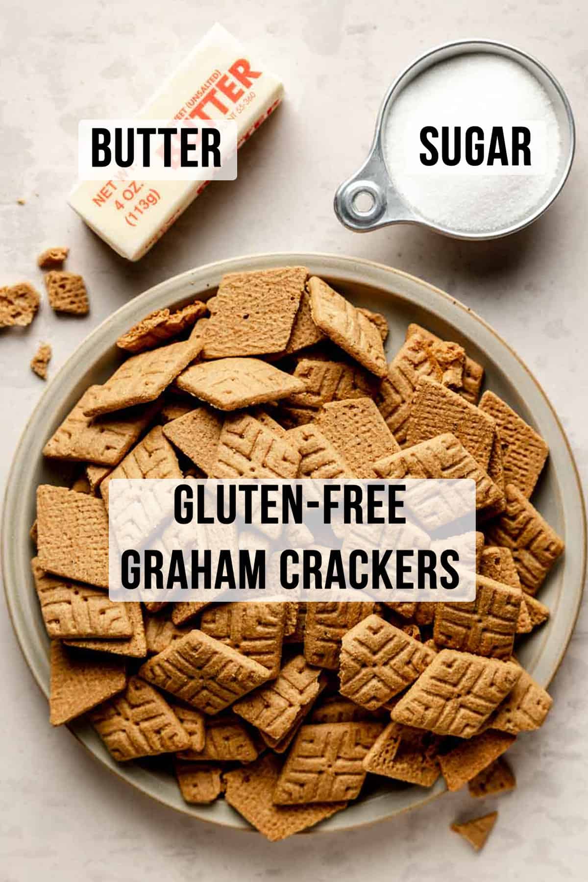 Ingredients for gluten-free graham cracker crust measured out in bowls.