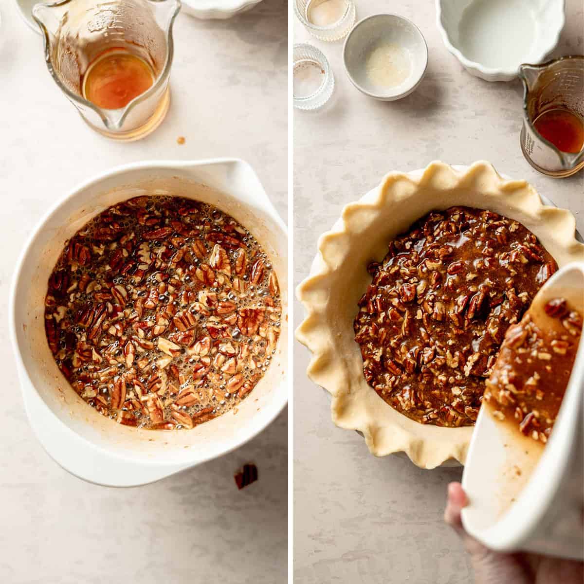 Bubbly pecan pie filling in a mixing bowl, pouring the filling into the prepared pie shell. 