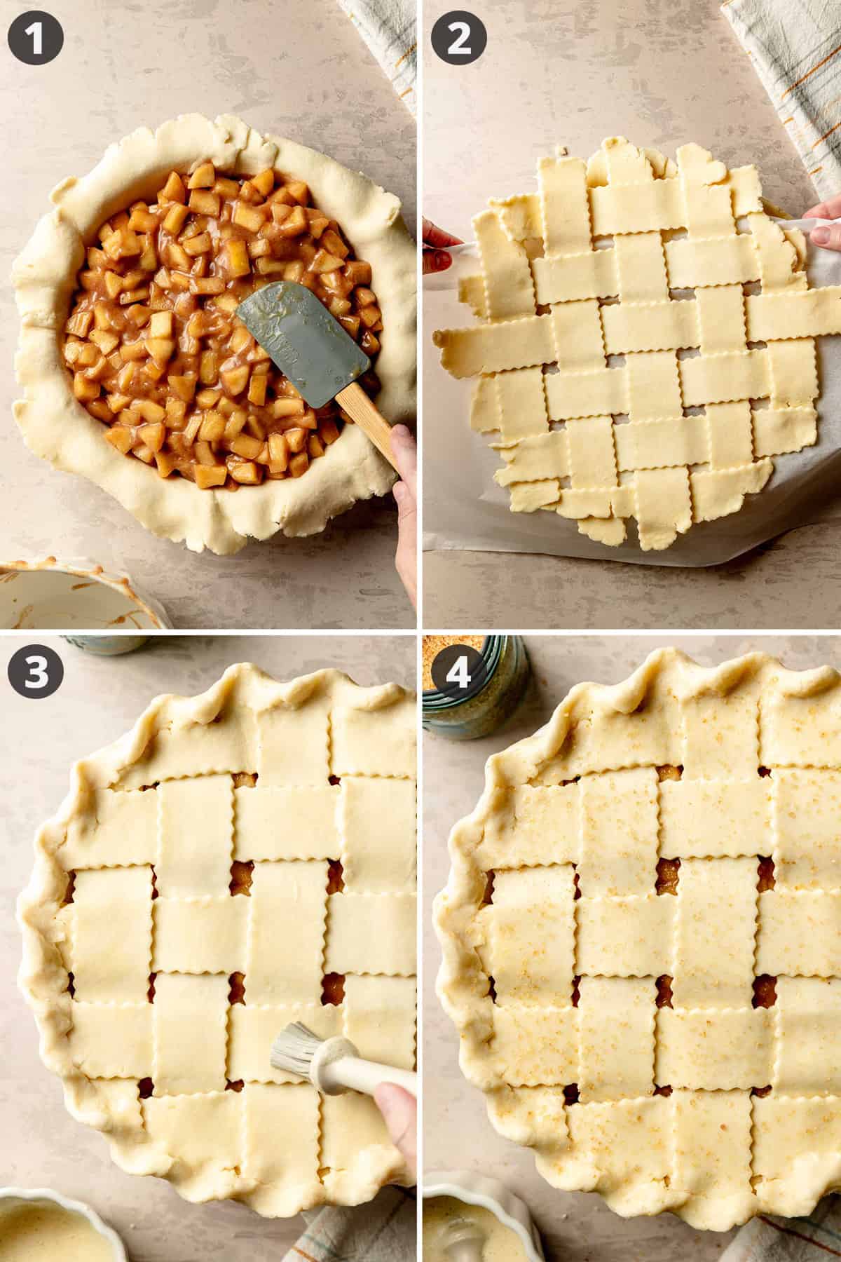 Pie crust in plate filled with apple pie filling and topped with lattice crust.