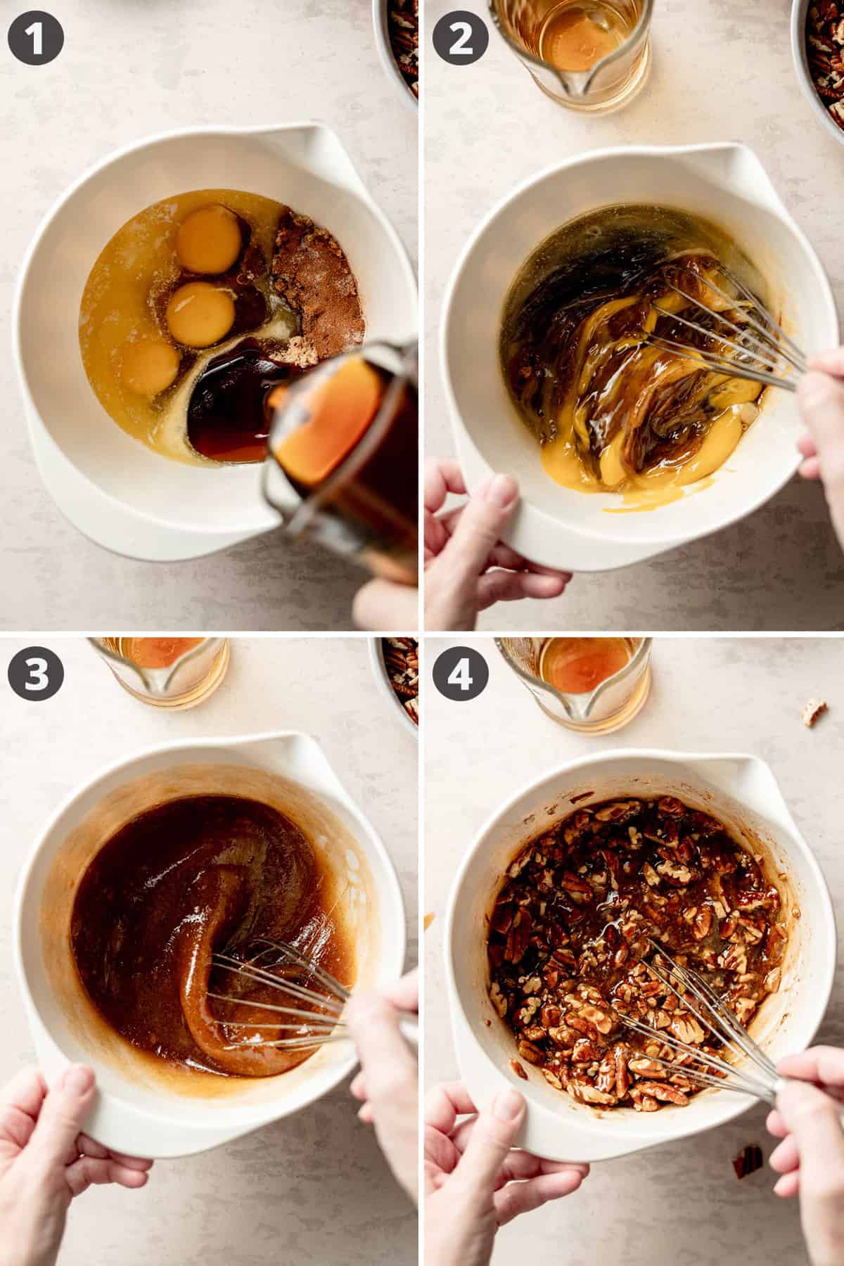 Pouring corn syrup into a mixing bowl, whisking the ingredients together. 