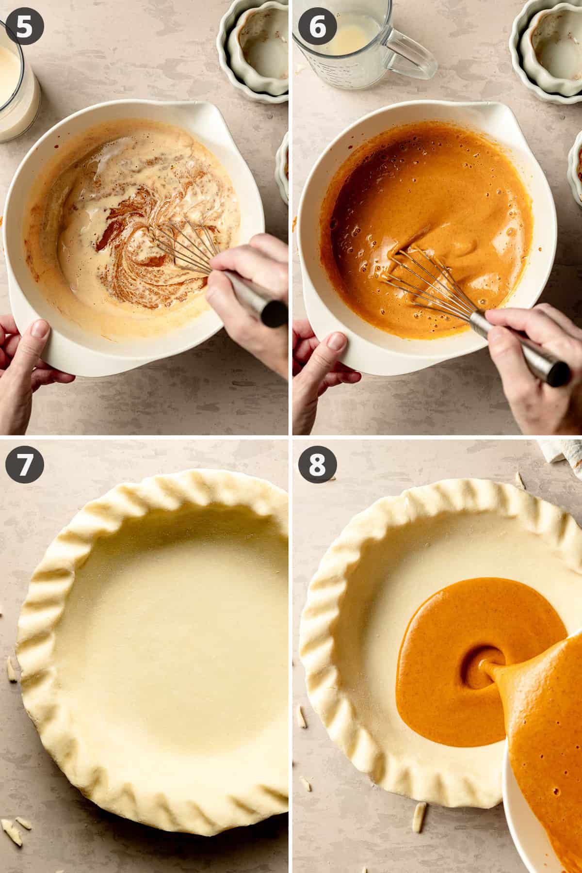 Pouring pumpkin pie filling into prepared pie pan with crimped crust.