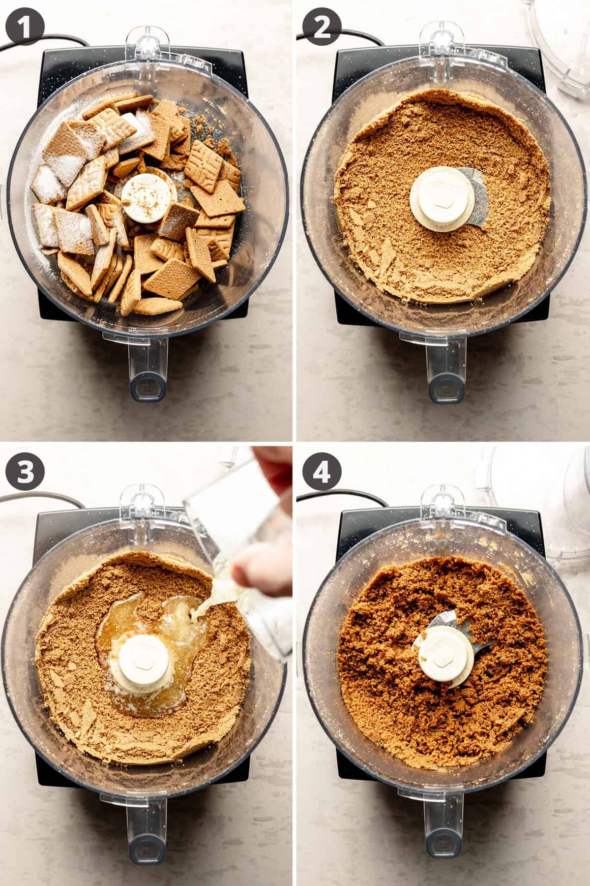 Food processor bowl with gluten-free graham cracker crumbs.