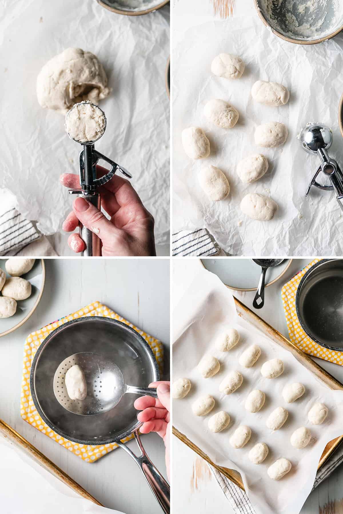 Dough scooped with a cookie scoop is shaped into a nugget, then dipped in baking soda water, and laid on parchment lined baking sheet.