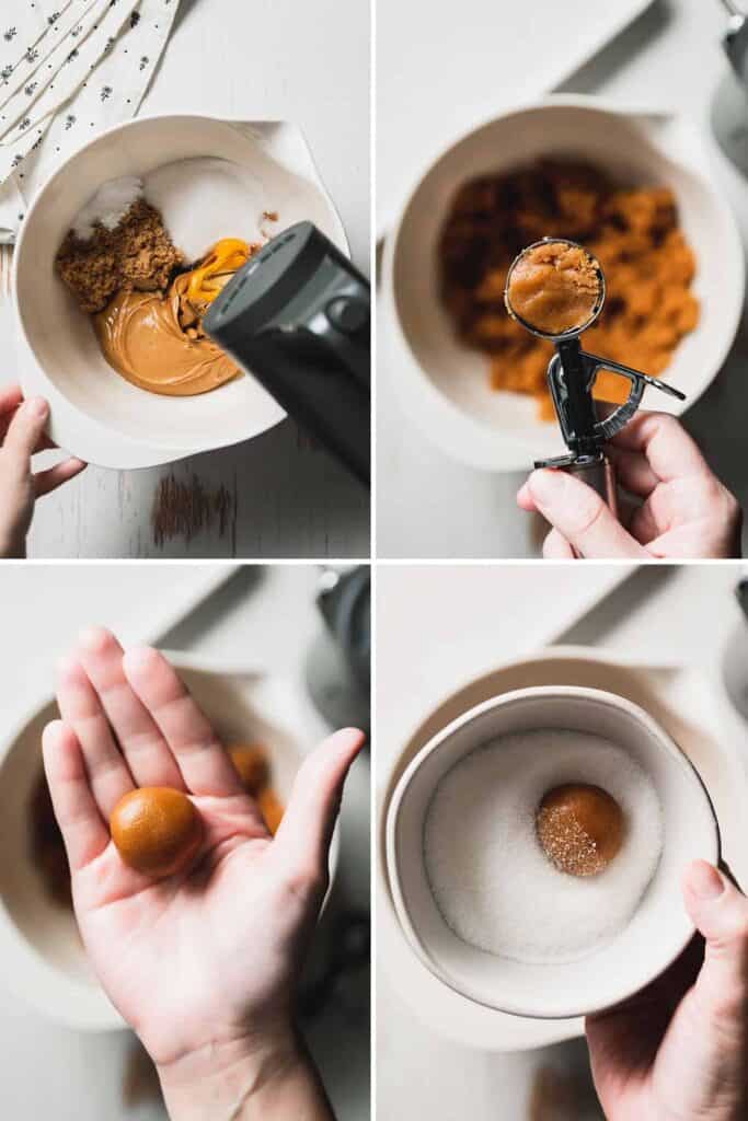 1. Cookie ingredients in a bowl starting to mix, 2. a scoop with cookie dough, 3. the dough rolled in a ball on a hand, 4. the ball of dough in granulated sugar.