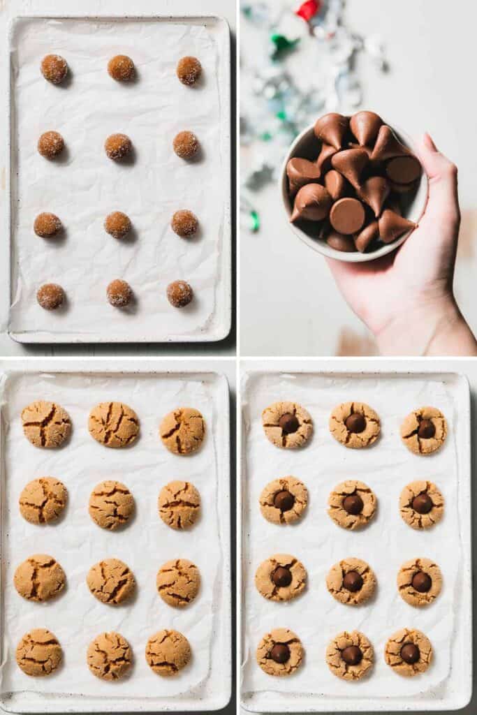 1. Sugar coated dough balls on a cookie sheet, 2. Unwrapped Hershey Kisses in a bowl, 3. crackly baked cookies on the pan, 4. Hershey's Kisses pressed into each cookie.