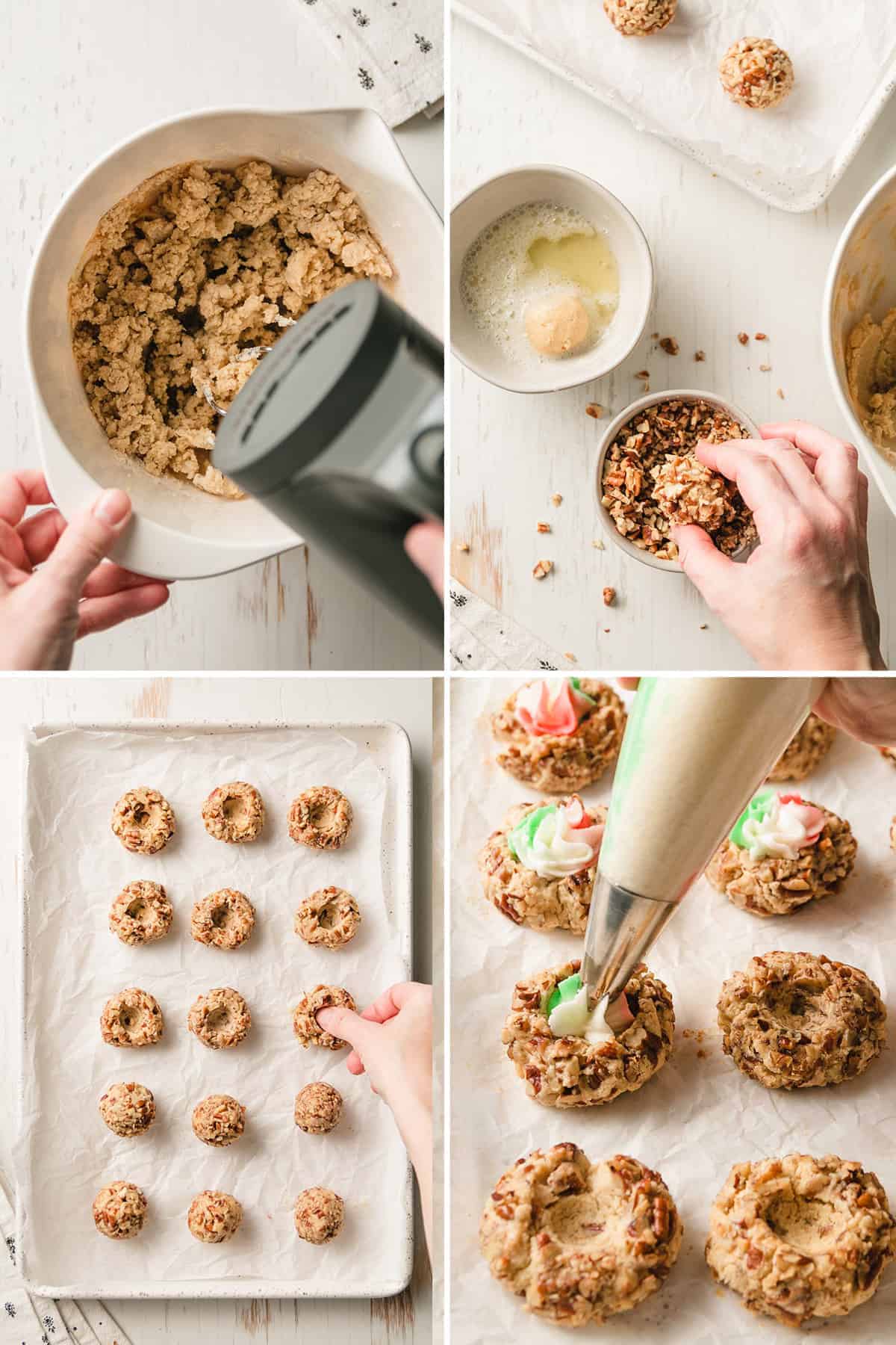 Mixing thumbprint dough, rolling the balls in egg white and pecans, pressing thumb into the balls, piping icing into the cookies.