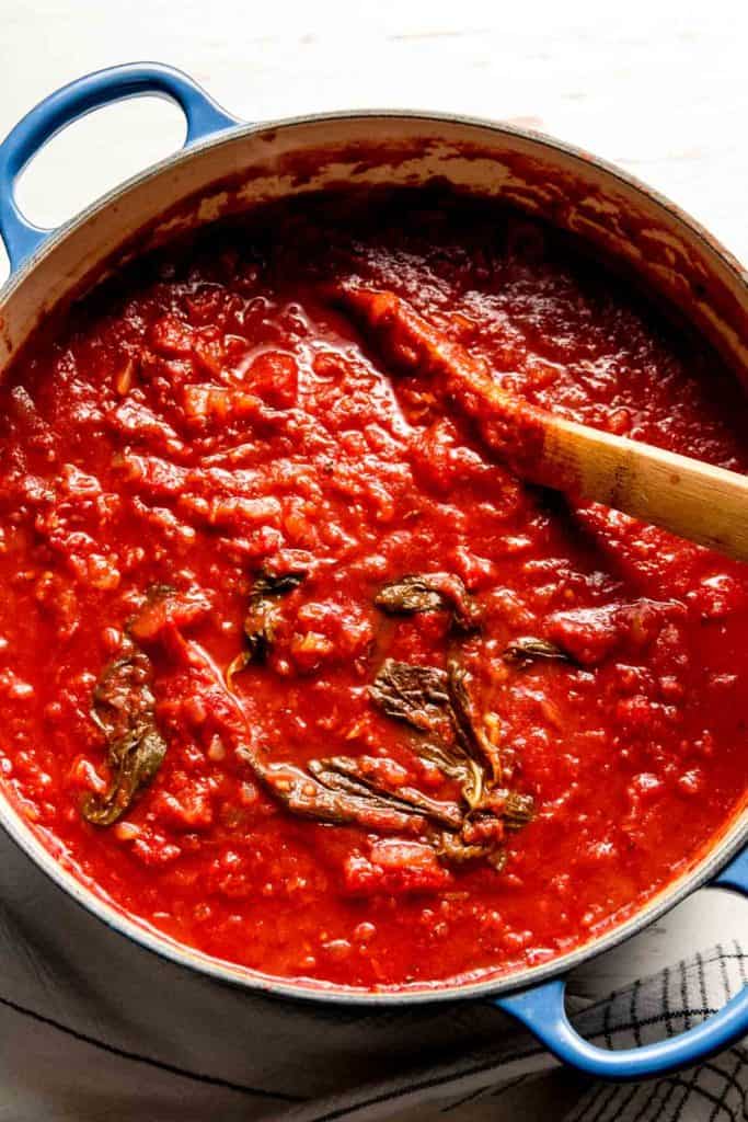 A big pot of gluten-free tomato sauce made from scratch, a spoon rests to the side.