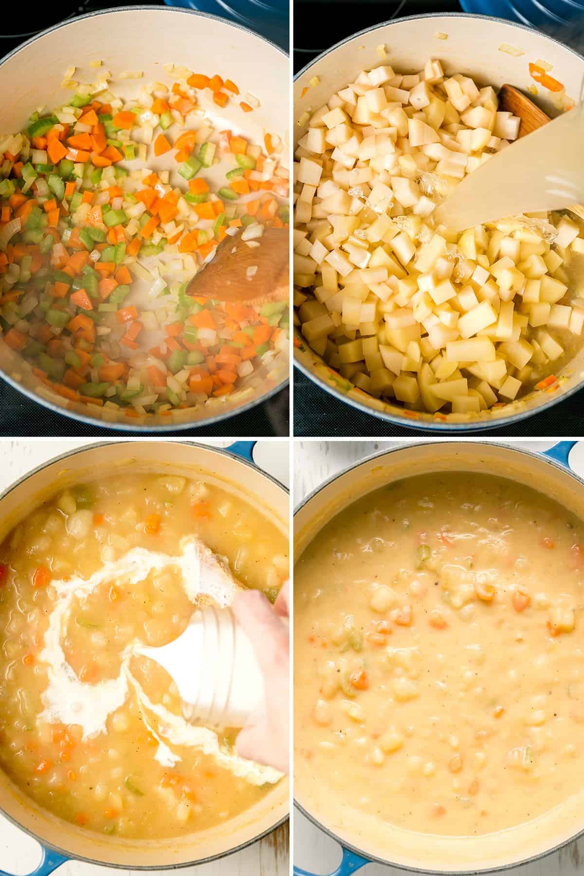 Sautéing the veggies, adding in the potatoes and broth, stirring in the cream.