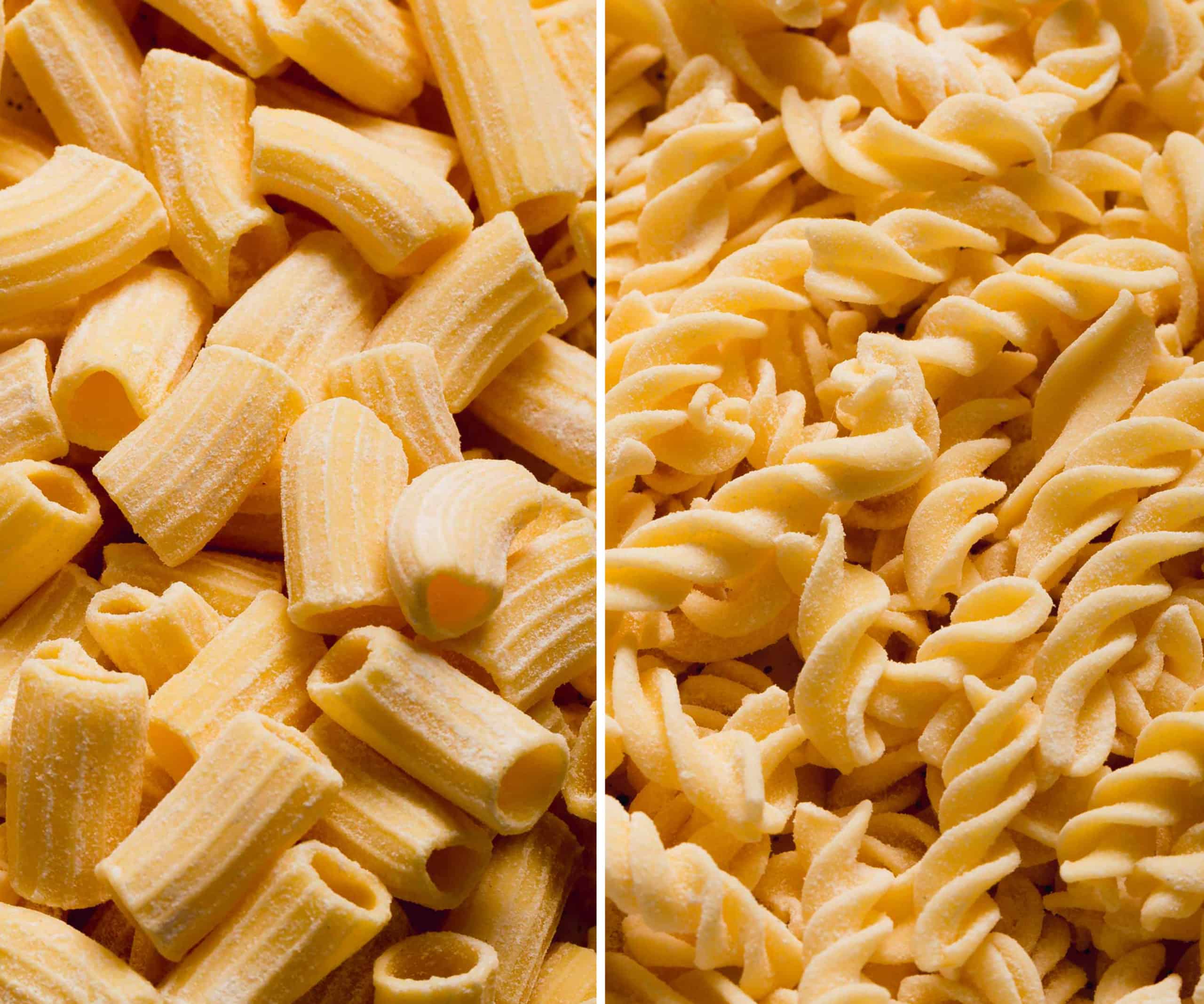 Macro shot of gluten-free pasta, rigatoni and fusilli.