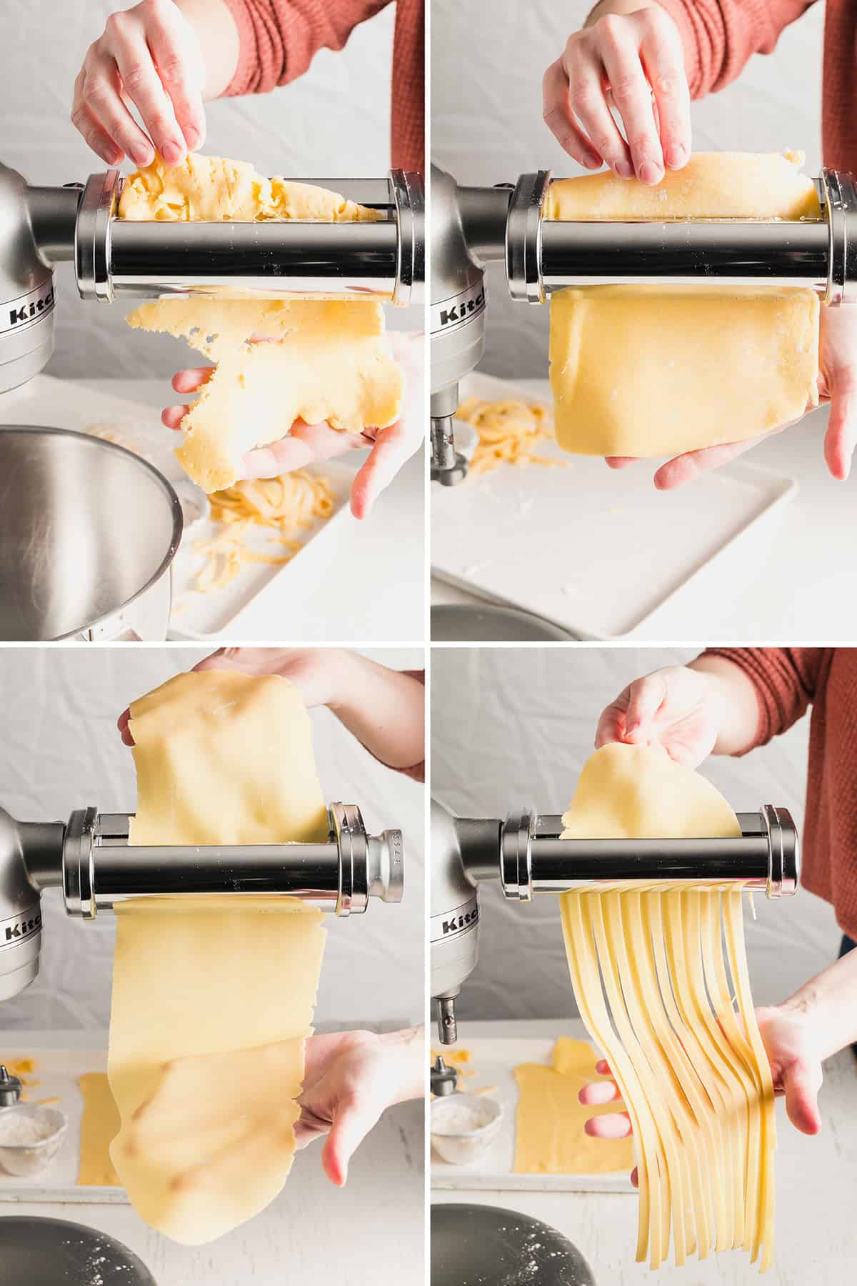 Passing pasta dough through a pasta machine to make sheets, then passing through the roller to cut fettuccini.