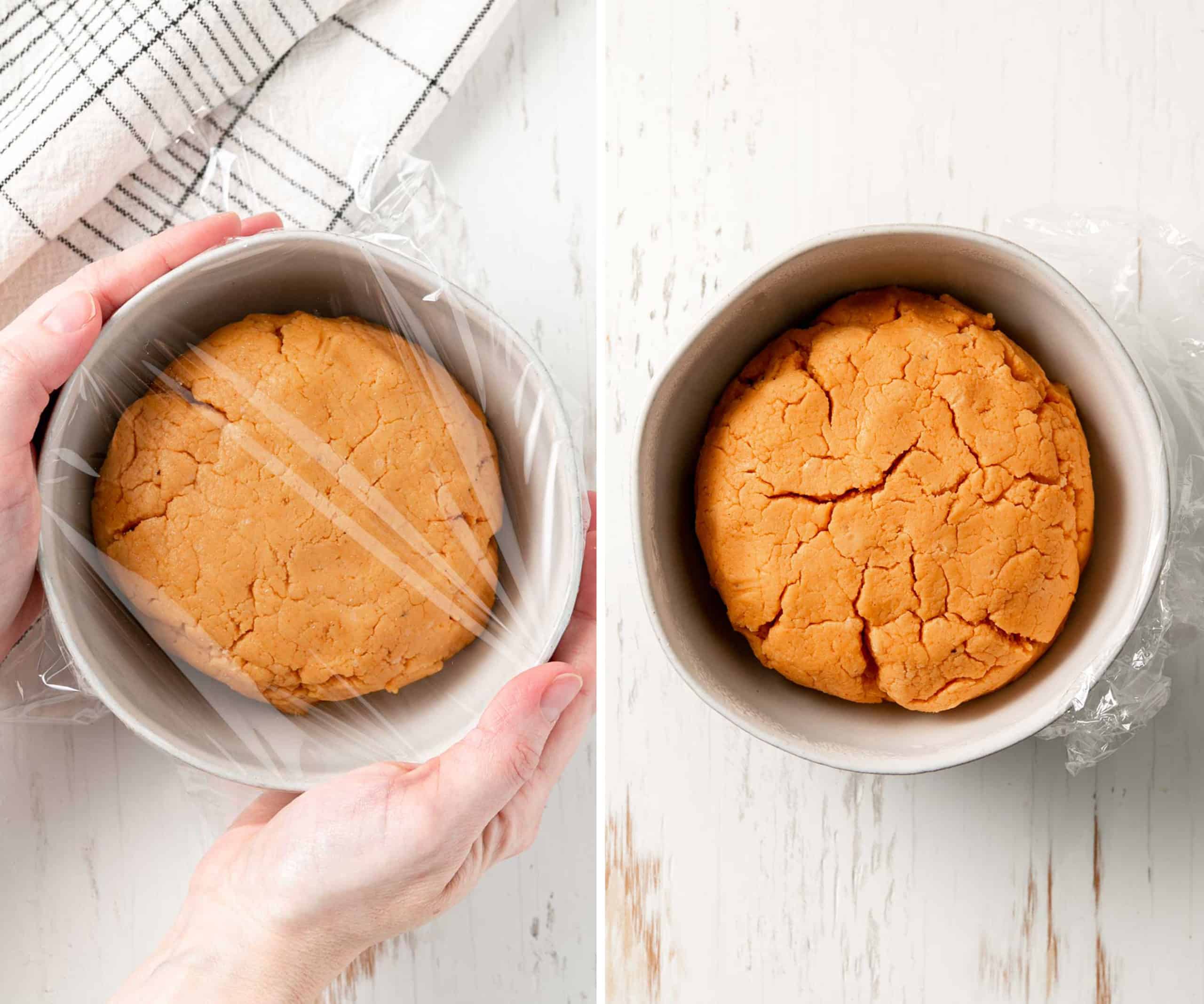 Cheeze-it dough in a bowl looks cracked from the resting process.