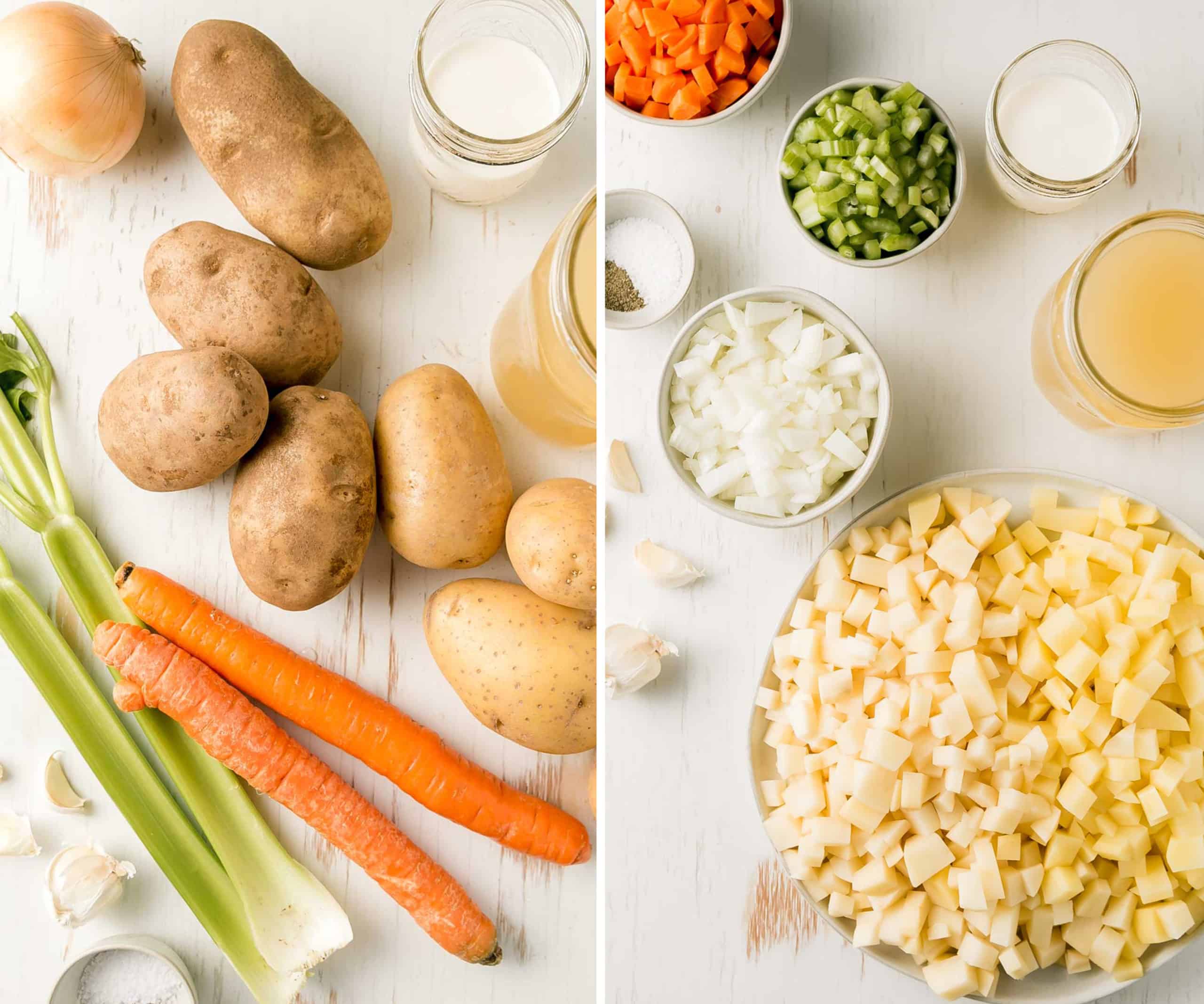 Patatas, zanahorias, apio, ajo, caldo, crema y especias para sopa de papa.