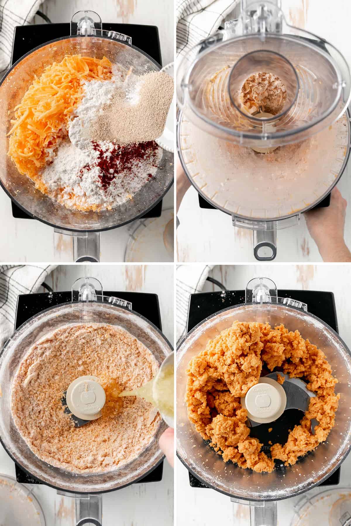 Pouring dry ingredients into the food processor along with the shredded cheese, pulsing the mixture. Adding wet ingredients and blending to combine.