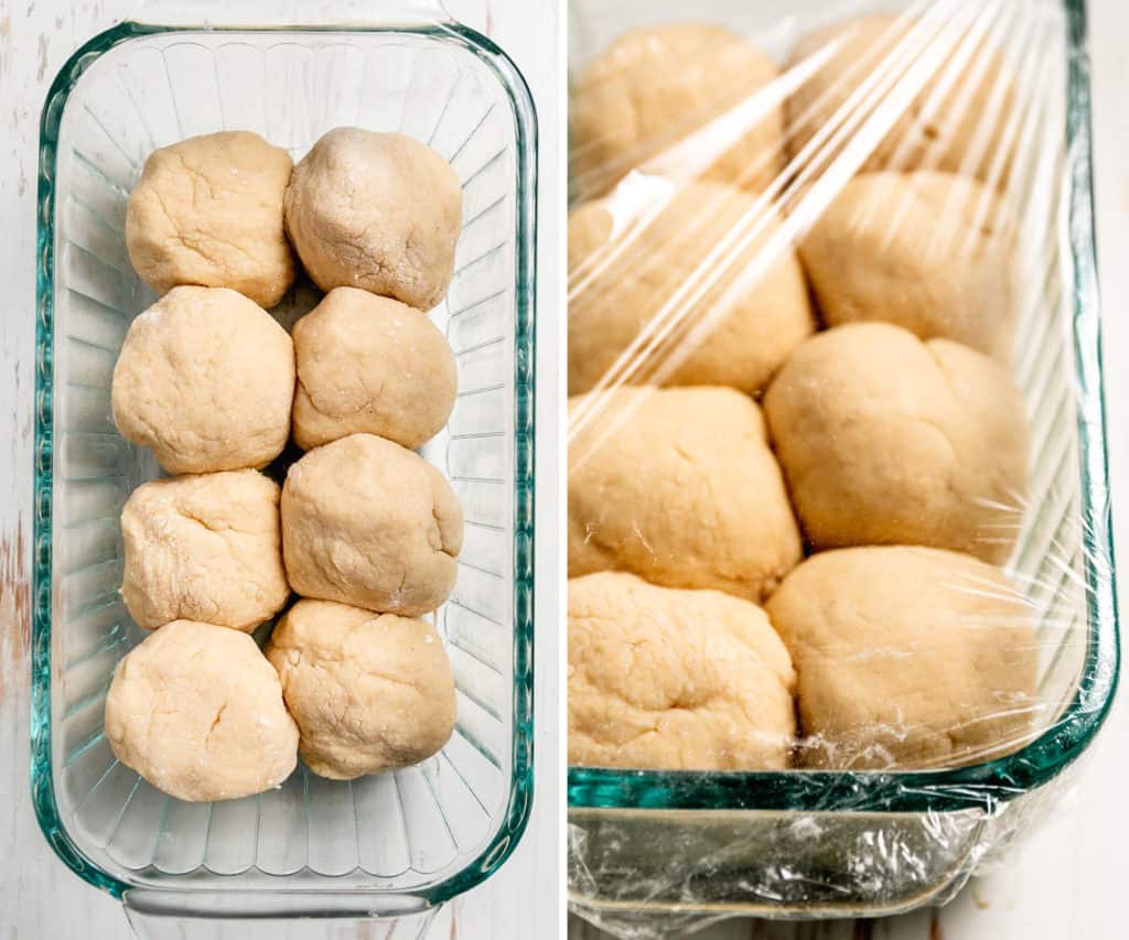 Unbaked rolls in a loaf pan comparing the unrisen rolls to the puffed up rolls before baking.