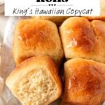 Close-up of golden brown gluten-free Hawaiian rolls with a soft, fluffy interior, styled on parchment paper with one roll pulled apart to show texture. Text overlay reads “Gluten-Free Hawaiian Rolls – King’s Hawaiian Copycat.”