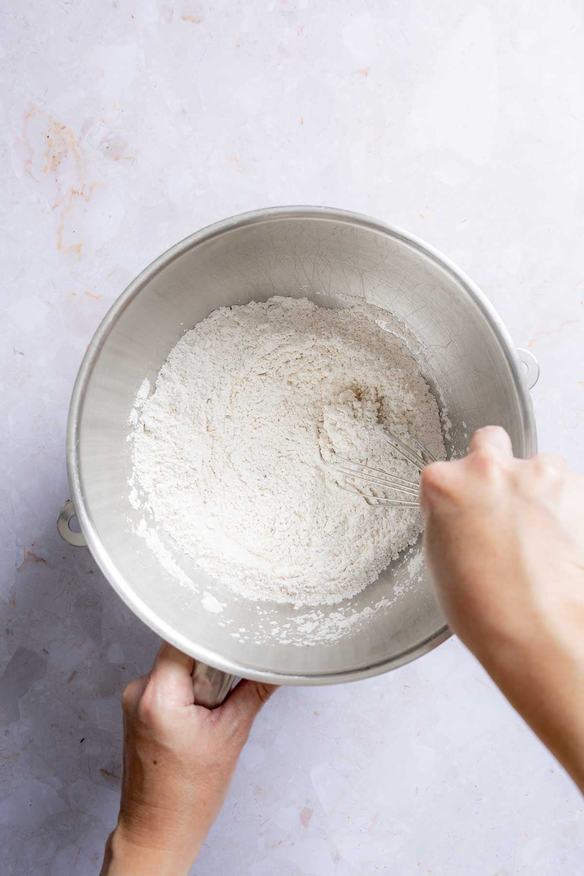 Dry ingredients whisked together in stand mixer bowl.