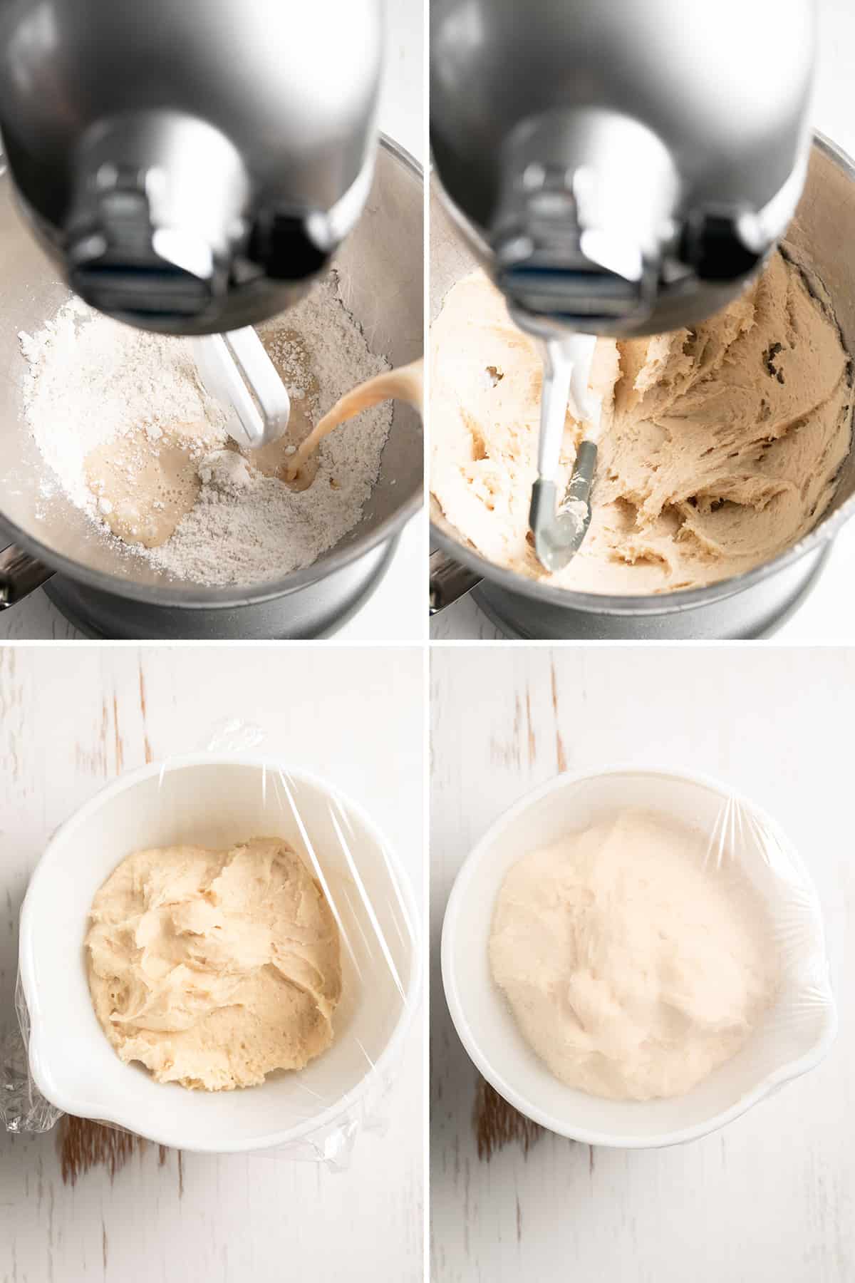 1. Pouring in warmed wet ingredients. 2. Mixing the dough in a stand mixer, 3. the dough in a plastic covered bowl, 4. The dough risen in the bowl.