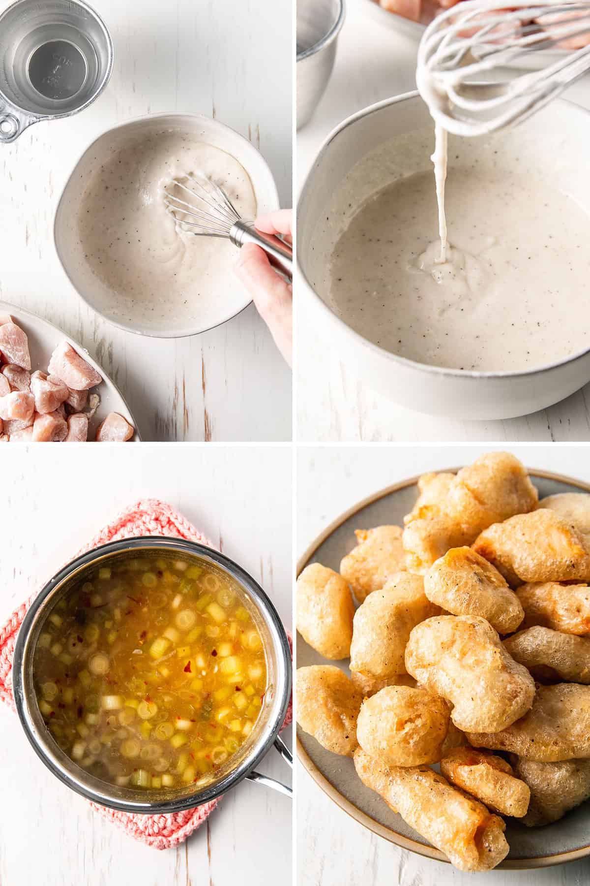 Whisking batter, batter dripping from whisk, sauce in a small saucepan, golden fried chicken bites on a plate.