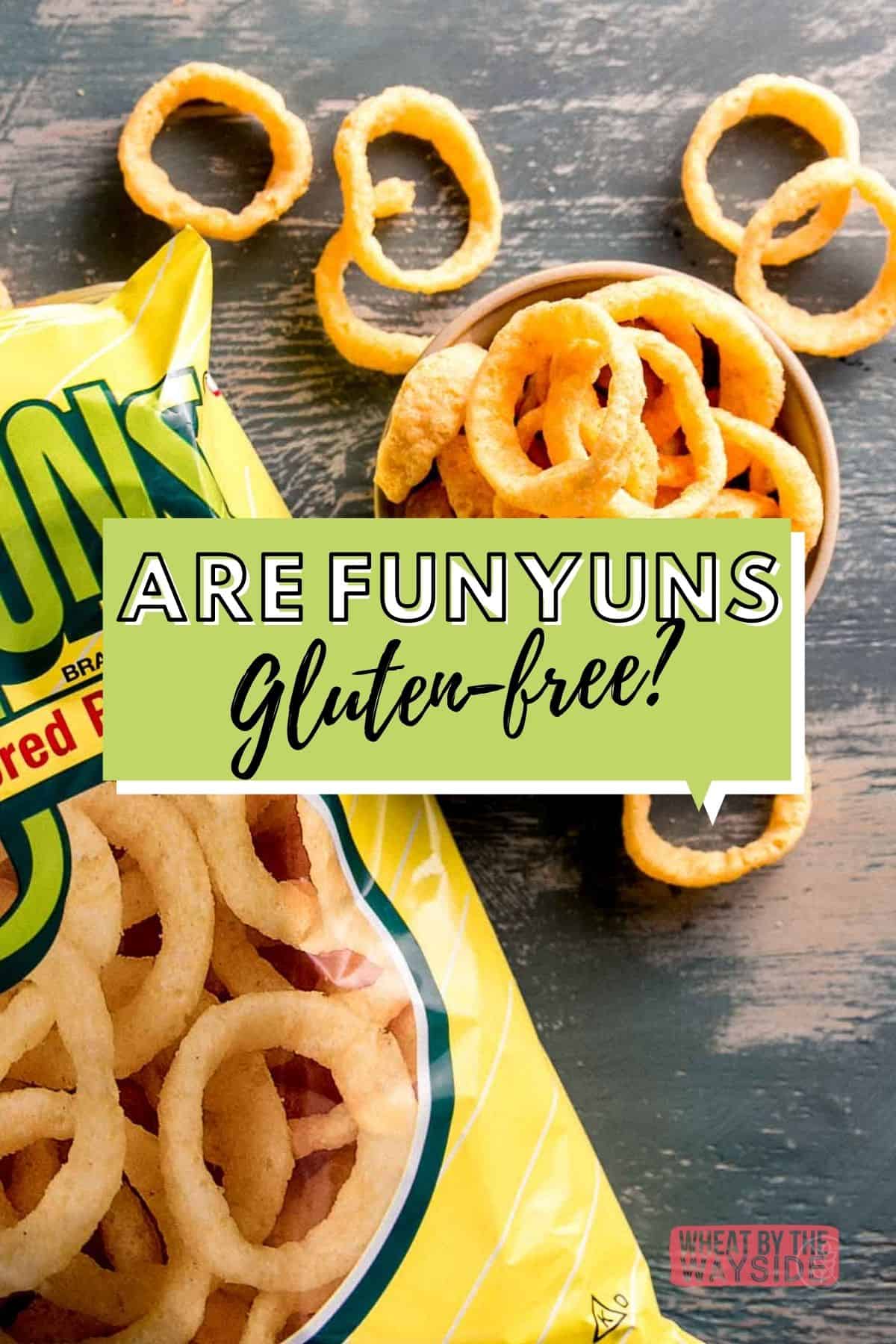 An open bag of Funyuns with some spilling out onto a teal wooden surface. Some Funyuns in a bowl next to the bag.