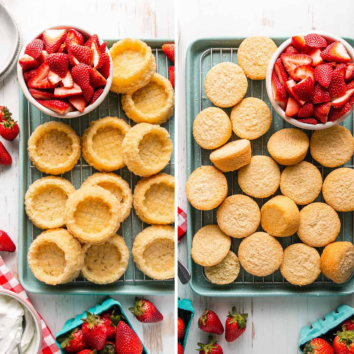 A green speckled pan filled with dessert shells and a pan filled with cupcakes next to bowls of strawberries.